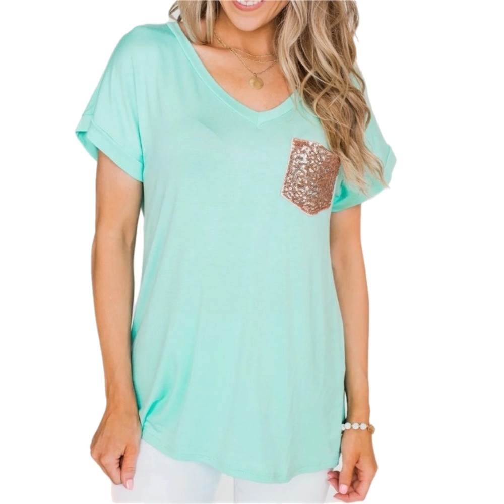 Pulse Sequin Pocket‎ Top- Aqua L